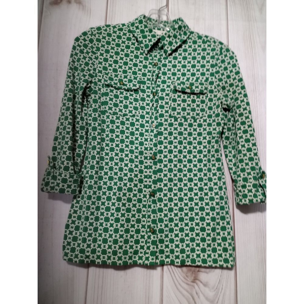 Charter Club Blouse Ladies Small Petite Green and White
